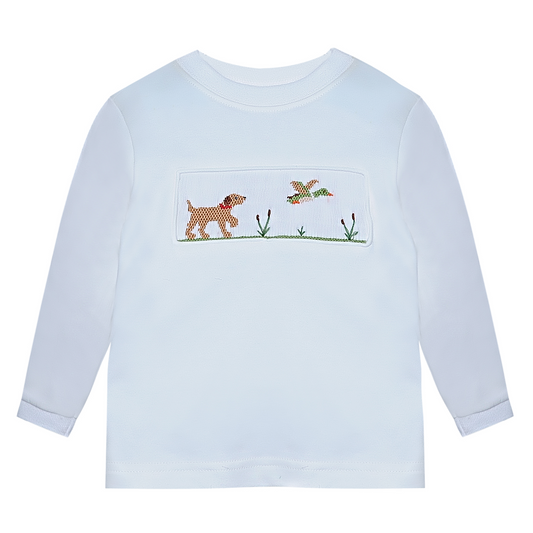 White Houston Boy Shirt- Dog Chasing Mallard