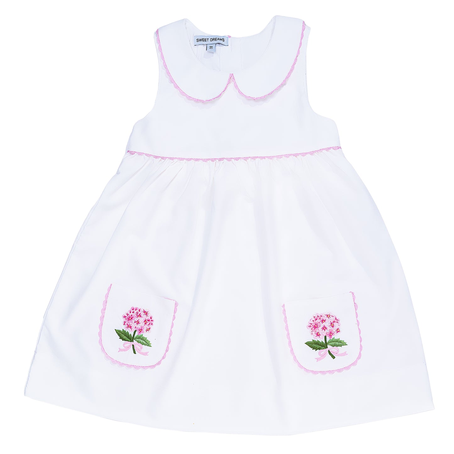 White Dress with Pink Hydrangea Embroidery