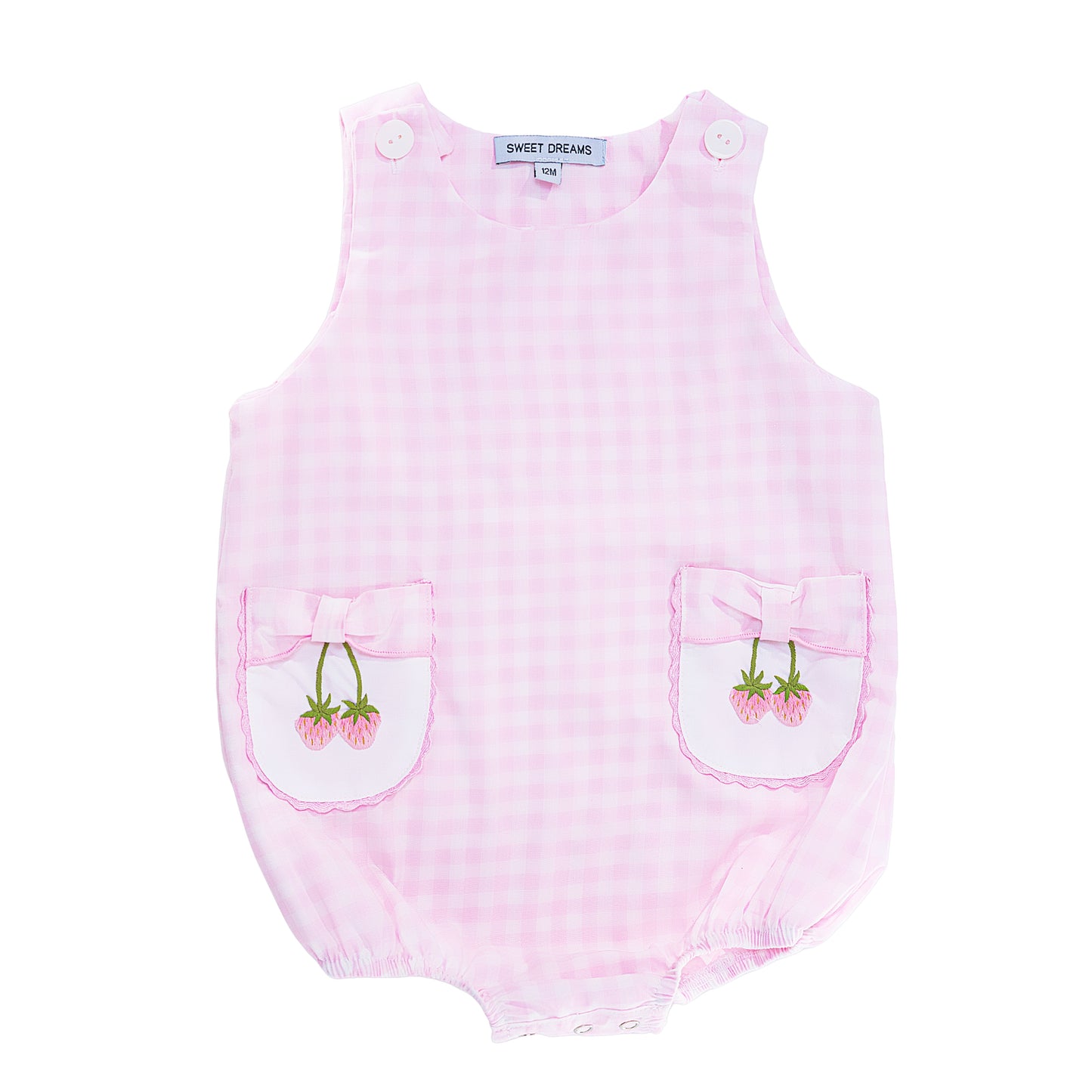 Strawberry Embroidered Pink Gingham Bubble