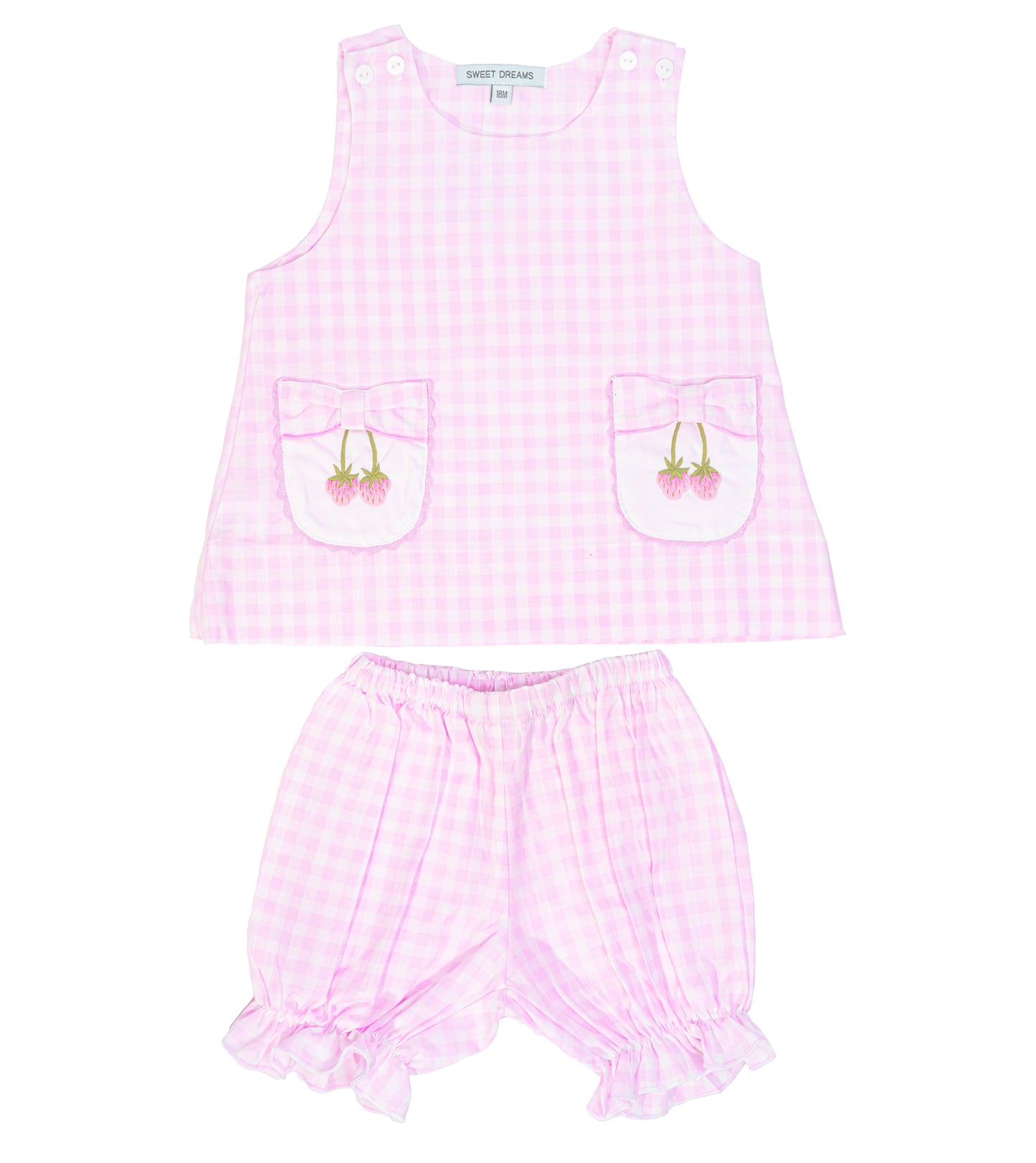 Strawberry Embroidered Pink Gingham Bloomer Set