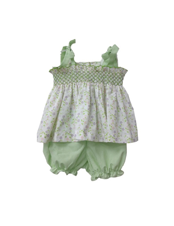 Smocked Green Garden Tie Bloomer Set