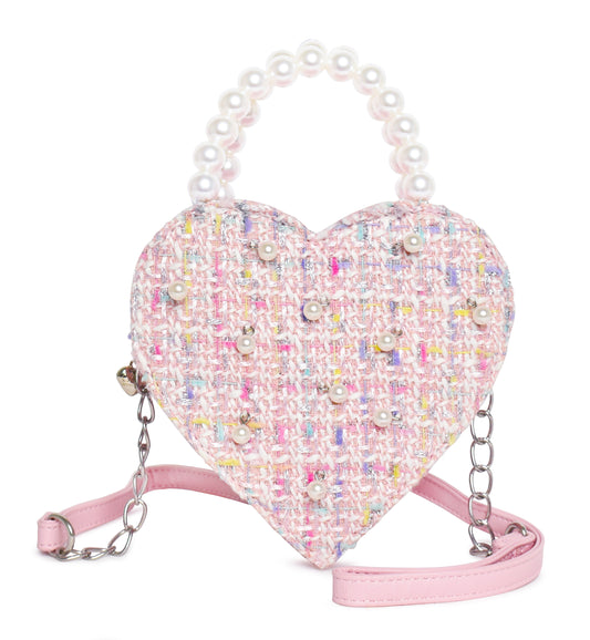 Heart-Shaped Tweed Pearl Handle Crossbody