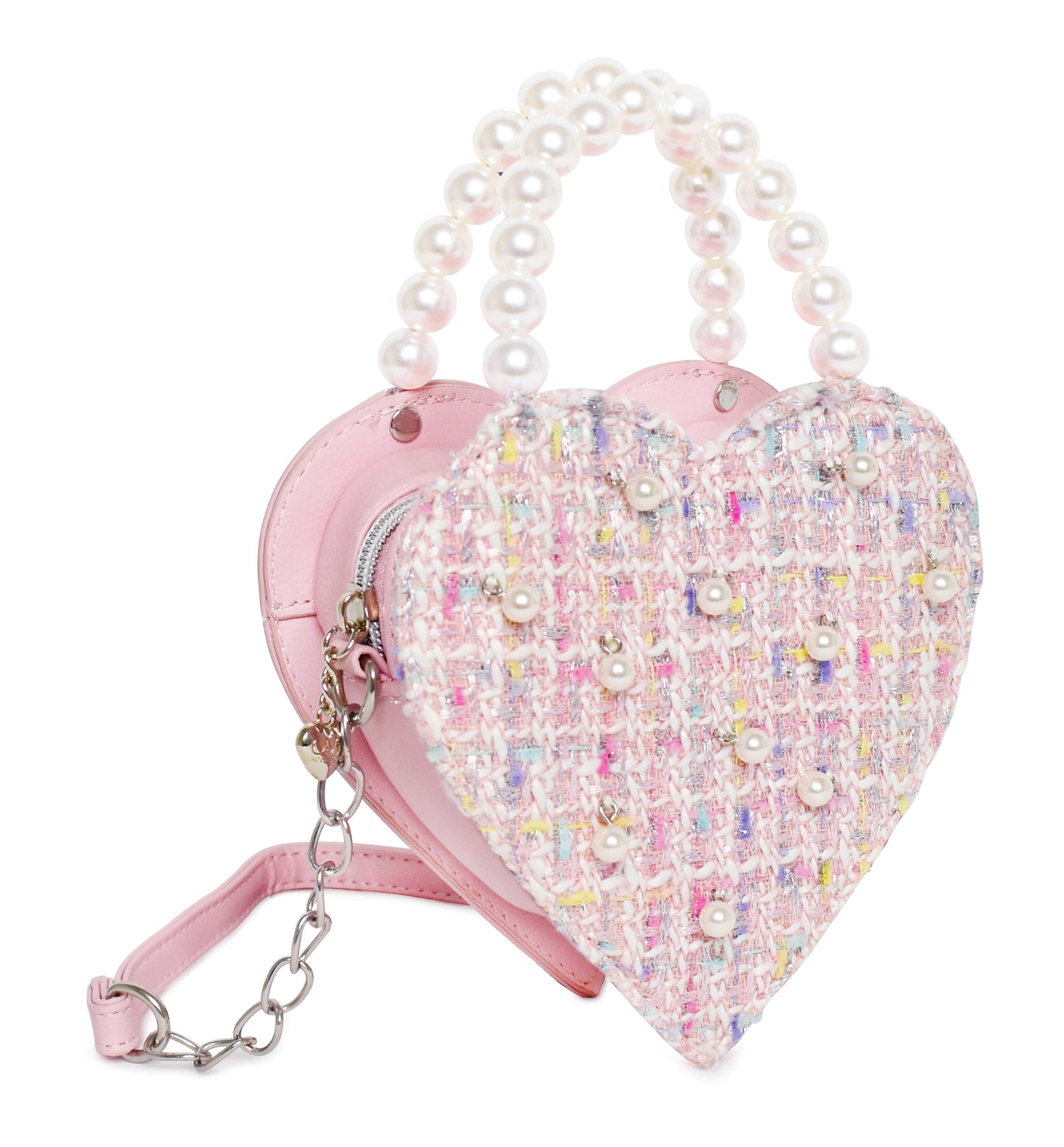 Heart-Shaped Tweed Pearl Handle Crossbody