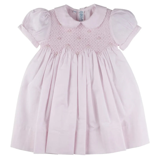 Scalloped Pearl Smocked Dress Pink