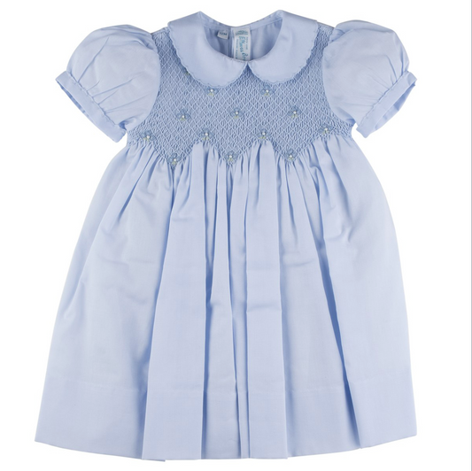 Scalloped Pearl Smocked Dress Blue