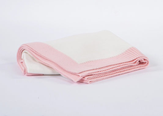 White Jersey Knit Blanket with Pink Rib Border