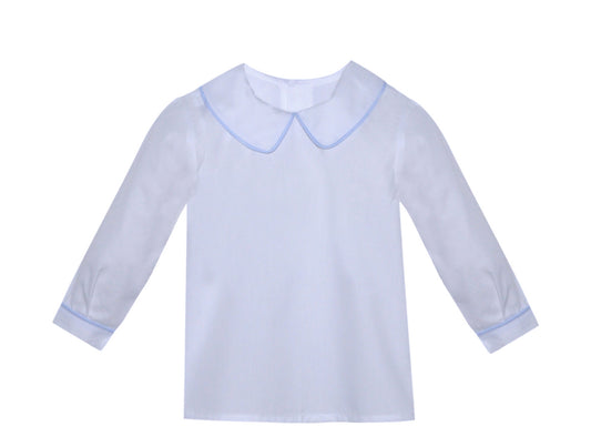 Blue Micro Gingham  Boy Piped Long Sleeve Shirt