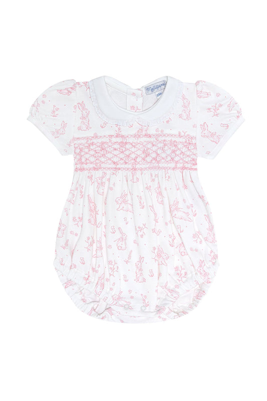 Pink Bunny Toile Smocked Bubble