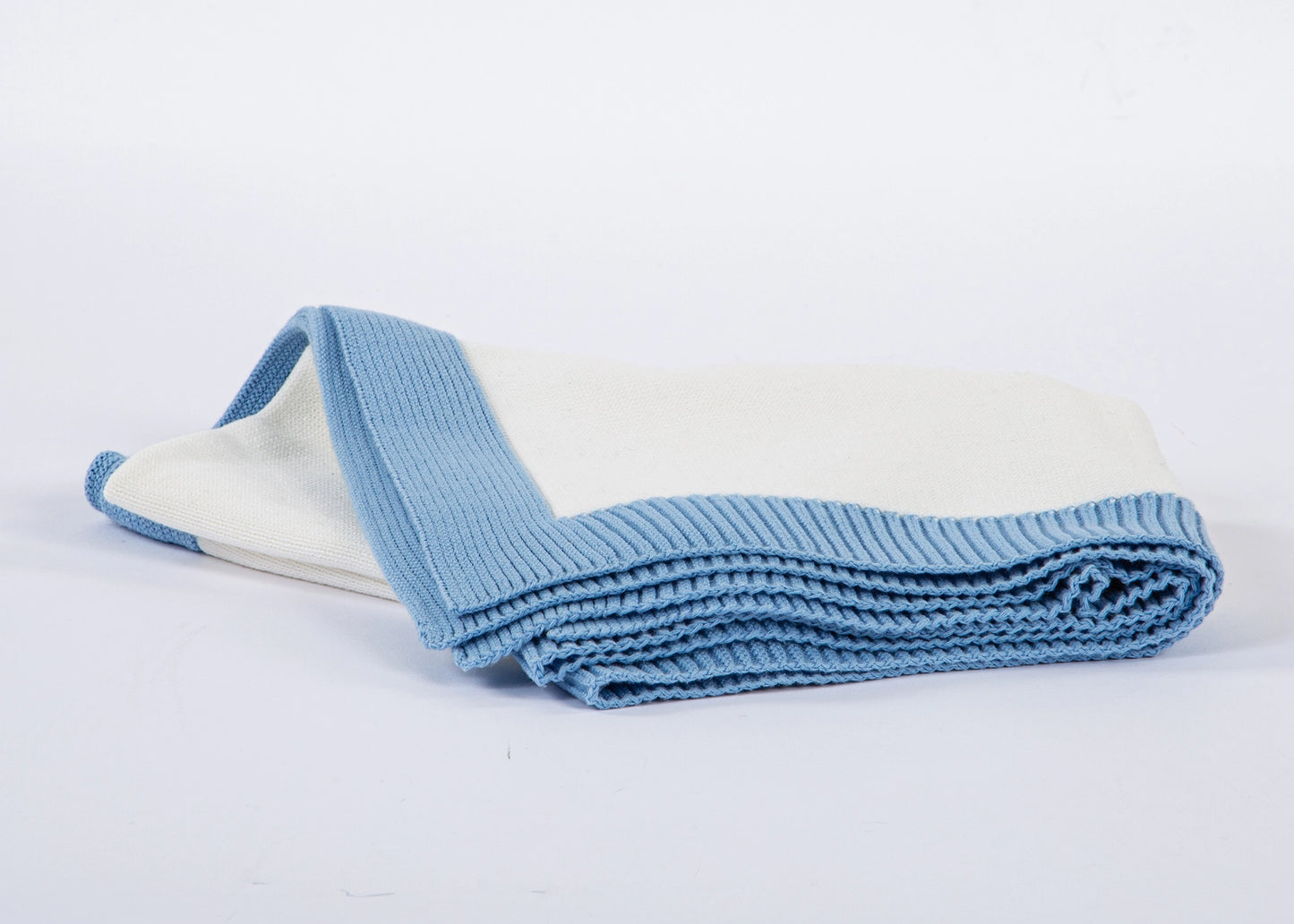 White Jersey Knit Blanket with Blue Rib Border